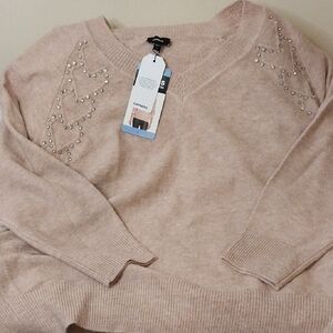 Express Women's Pale Pink Rhinestone Crewneck Sweater